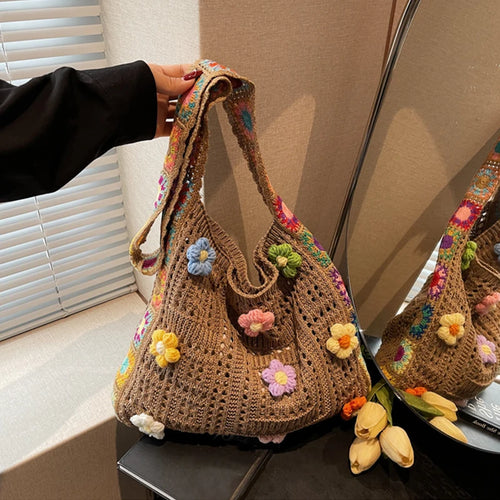 Crochet Flower Tote Bag – Large Capacity Knit Shoulder Bag