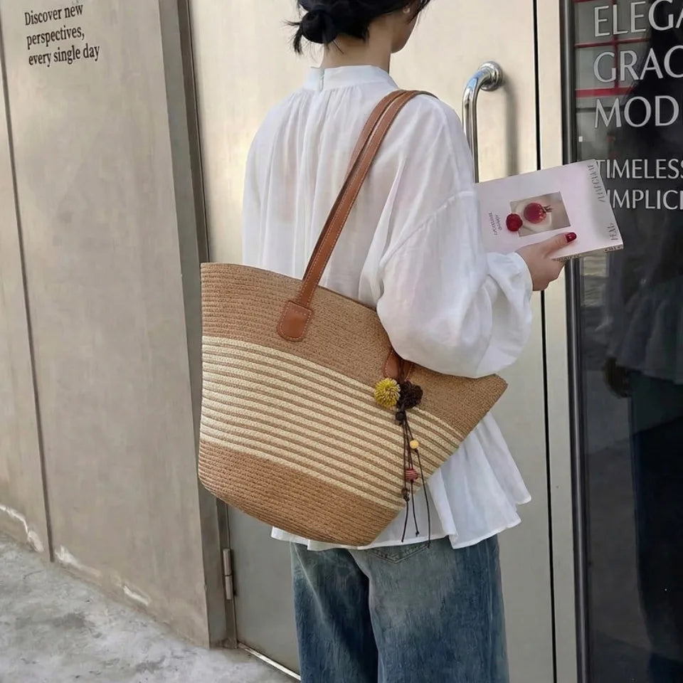 Straw Beach Tote Bag for Women – Large Handmade Stripe Shoulder Bag