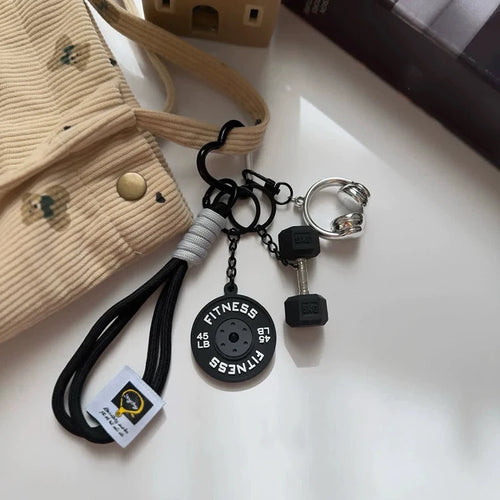 Gym Fitness Keychain Pendant Set – Dumbbell, Weight Plate & Headphone Charms
