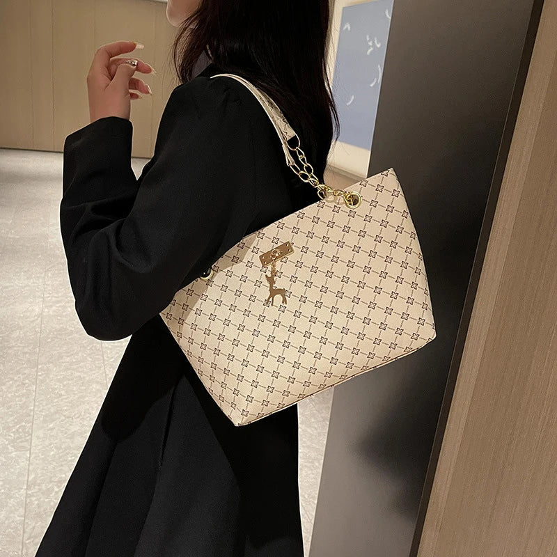 Large Capacity Women's Tote Bag with Gold Chain Strap & Print