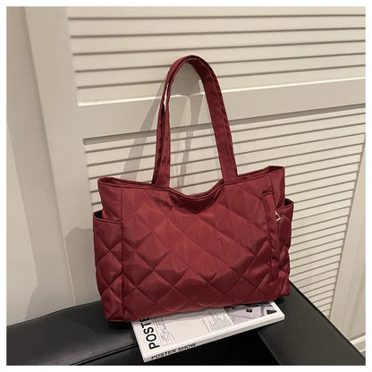Autumn Winter Top Handle Bag Women Large Capacity Lightweight Commuting Tote Quilted Simple Texture
