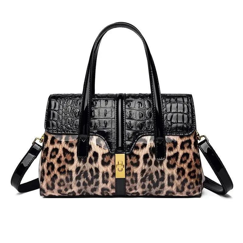 Leopard Print Patent Leather Handbag for Women