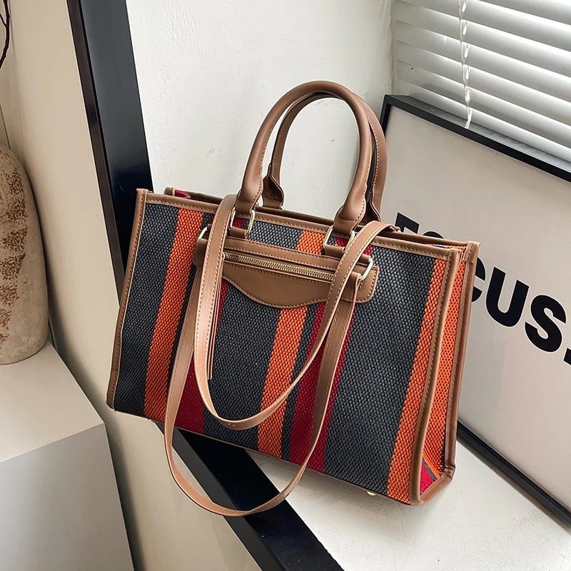Moods Classic Striped Shoulder Tote Bags Women Large Capacity Shopping Top-Handle Bag Luxury