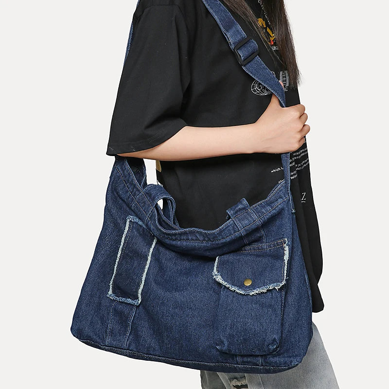 Women's Denim Tote Bag – Large Crossbody Shoulder Bag for School & Daily Use