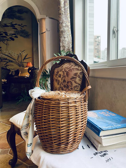 Wicker Basket Bag - Handwoven Straw Tote for Summer Beach