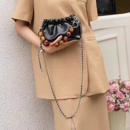 Crossbody Bag Oil Waxed Cowhide Leather with Pearl Handle & Chain Strap
