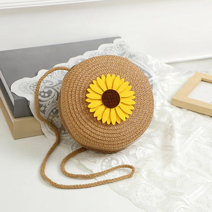Sunflower Round Straw Crossbody Bag for Women