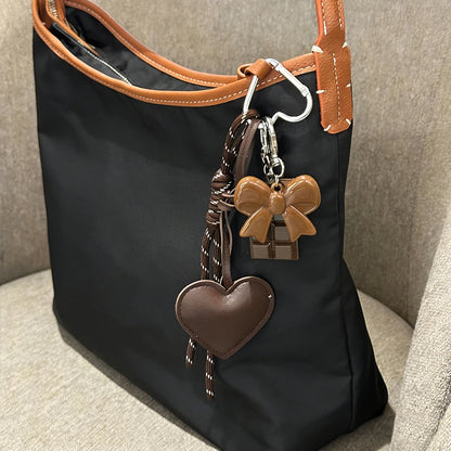 PU Leather Heart & Bow Keychain with Woven Rope Tassel