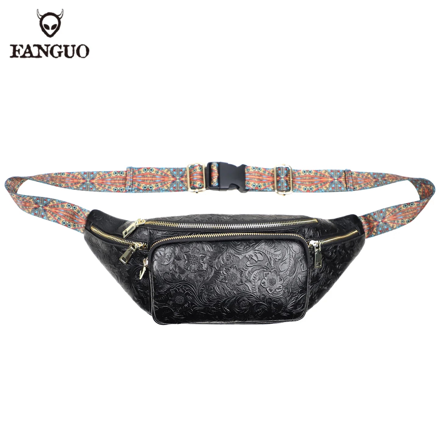 Genuine Leather Fanny Pack for Men – Floral Embossed Travel Waist Bag