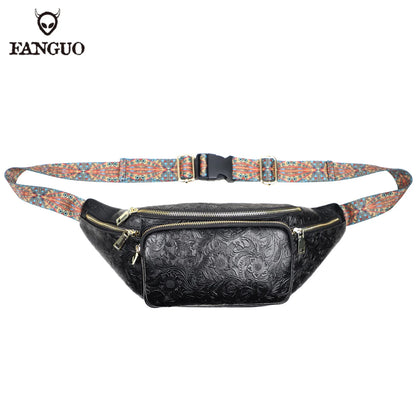 Genuine Leather Fanny Pack for Men – Floral Embossed Travel Waist Bag