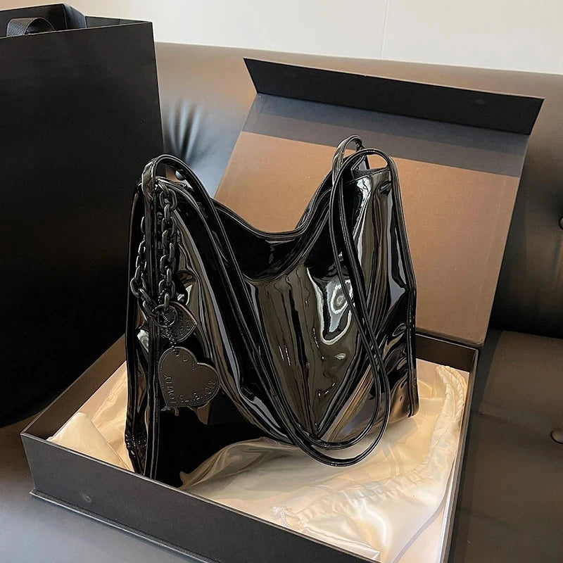 Patent Leather Shoulder Bag for Women – Chic Chain Tote