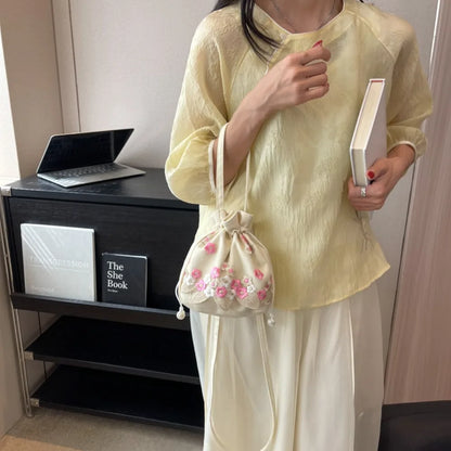 Floral Embroidery Drawstring Bucket Bag – Chinese Crossbody Handbag