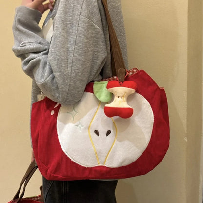 Corduroy Apple Handbag — Cute Casual Shoulder Bag with Pendant