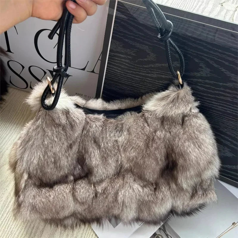 Real Fox Fur Woman Ladies Crossbody Bags Designer Luxury Handbags Women Handbag Shoulder Bag Fuzzy