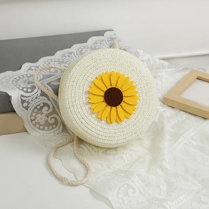 Sunflower Round Straw Crossbody Bag for Women