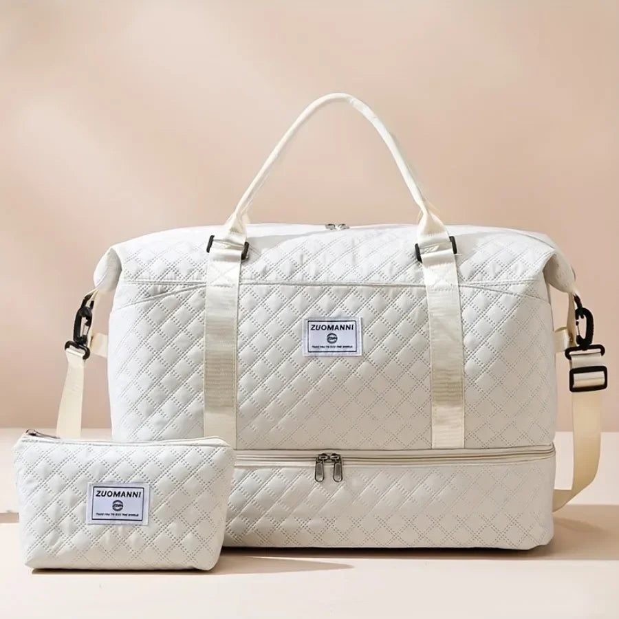 Quilted Nylon Travel Duffle Bag Set with Shoe Compartment