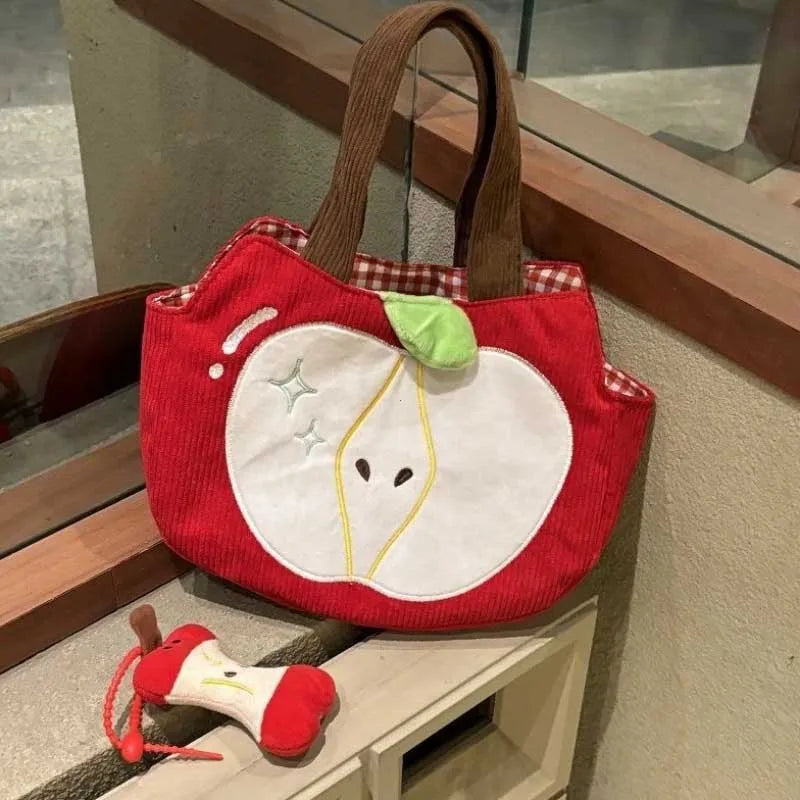 Cute Apple Corduroy Shoulder Bag – Creative Canvas Tote for Women
