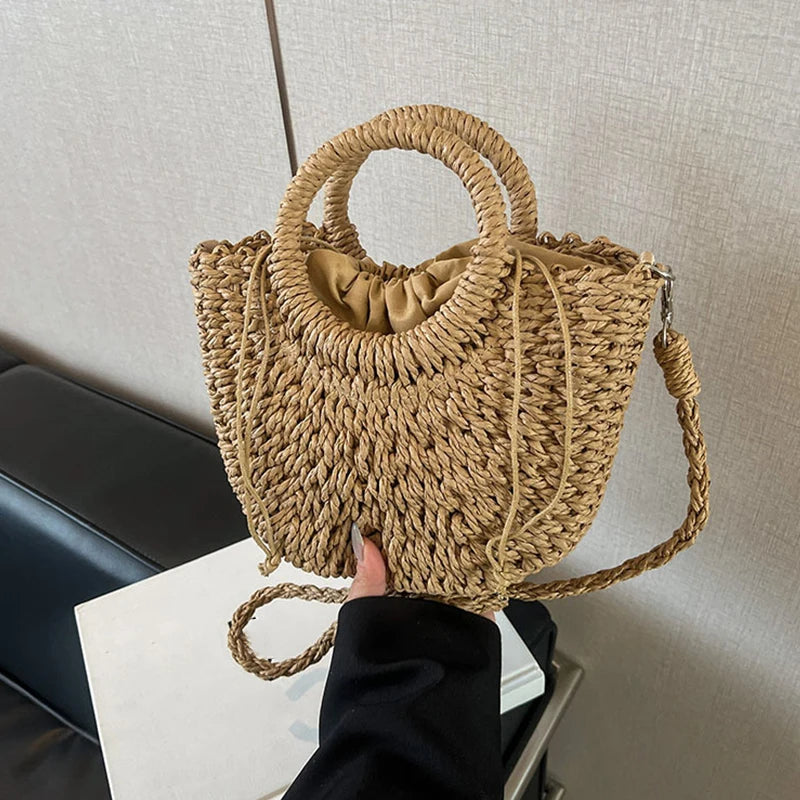 Woven Straw Handbag - Women's Half Moon Rattan Shoulder Bag