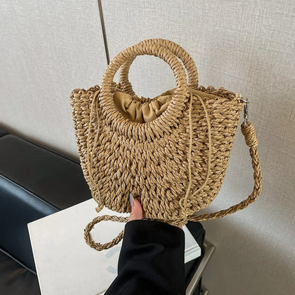 Woven Straw Handbag - Women's Half Moon Rattan Shoulder Bag