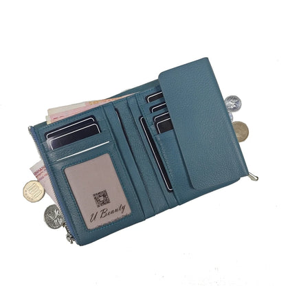 Genuine Cowhide Women's Tri-Fold Wallet – Zipper Coin Purse