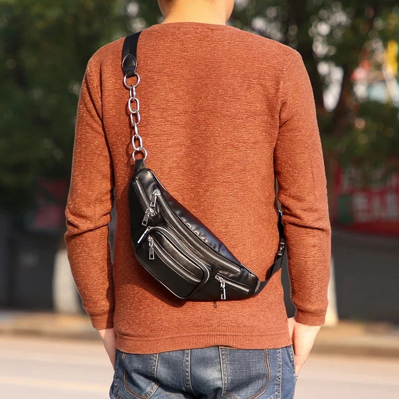 Punk Leather Fanny Pack for Women – Belt Waist Bag with Chain Detail