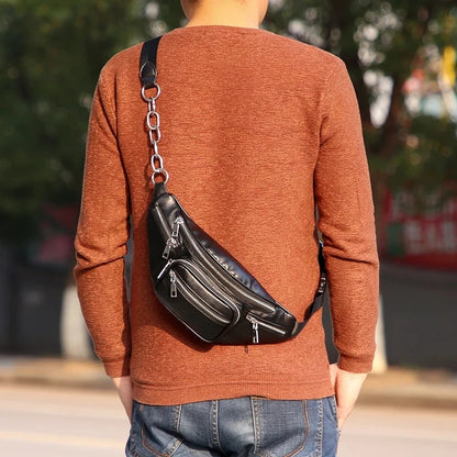 Punk Leather Fanny Pack for Women – Belt Waist Bag with Chain Detail