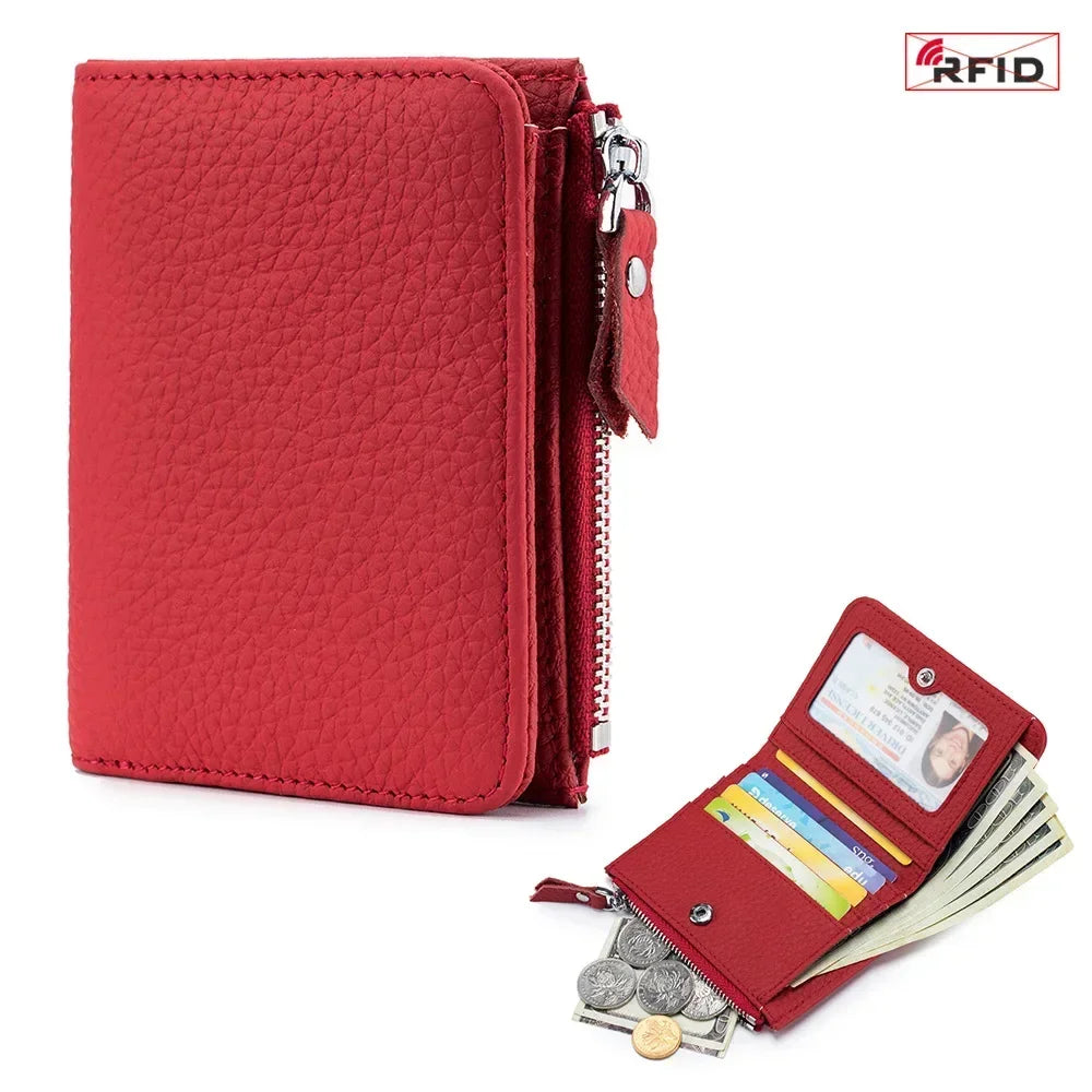 RFID Blocking Genuine Leather Wallet for Women – Short Bifold with Zipper Coin Purse