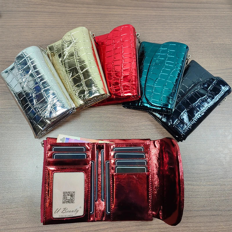 Metallic Crocodile Pattern Short Wallet – Women's Leather Purse