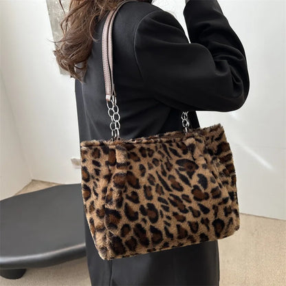 Leopard Print Fluffy Tote Bag – Women's Large Faux Fur Handbag