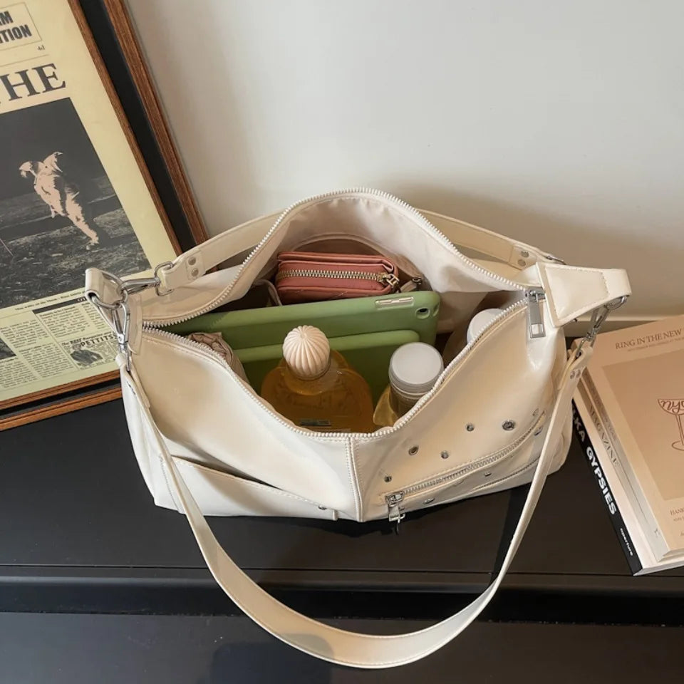Large Capacity Shoulder Bag – Casual Crossbody Tote with Studded Detail