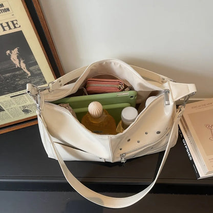 Large Capacity Shoulder Bag – Casual Crossbody Tote with Studded Detail