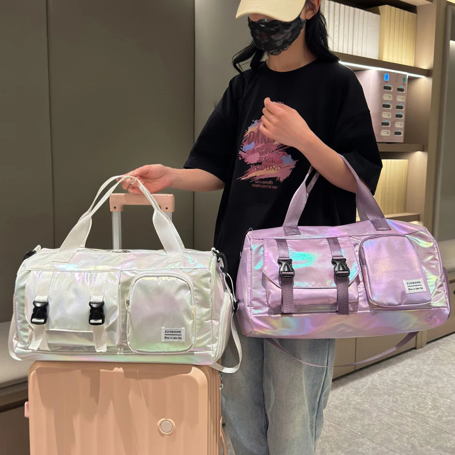 Women's Large Capacity Nylon Travel Duffel Bag with Shoe Compartment