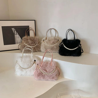 Faux Fur Shoulder Bag with Pearl Chain Handle