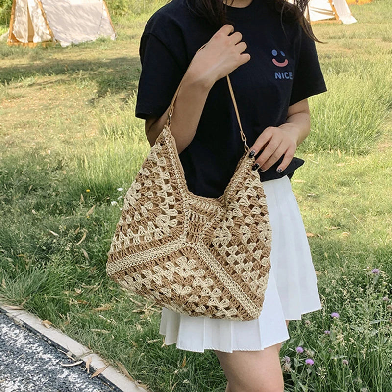 Woven Straw Shoulder Bag for Women – Boho Beach Handbag