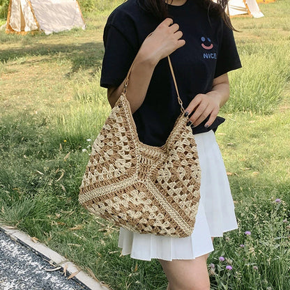 Woven Straw Shoulder Bag for Women – Boho Beach Handbag