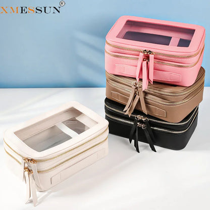 Transparent PVC Window Makeup Bag – PU Leather Travel Cosmetic Organizer
