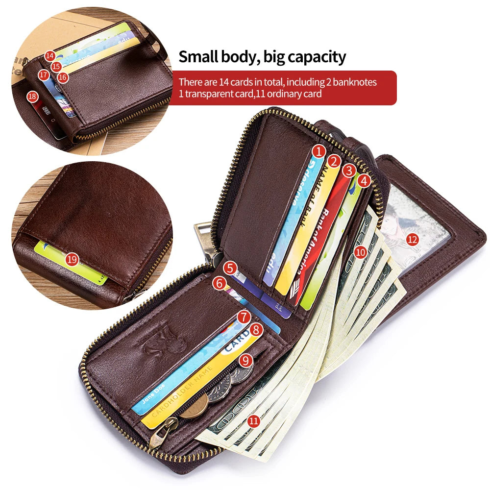 Men's Genuine Leather Zip Wallet with Coin Pocket
