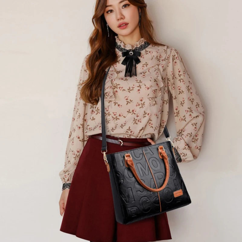 Large Capacity PU Leather Tote Bag – Women's Letter Embossed Shoulder Bag