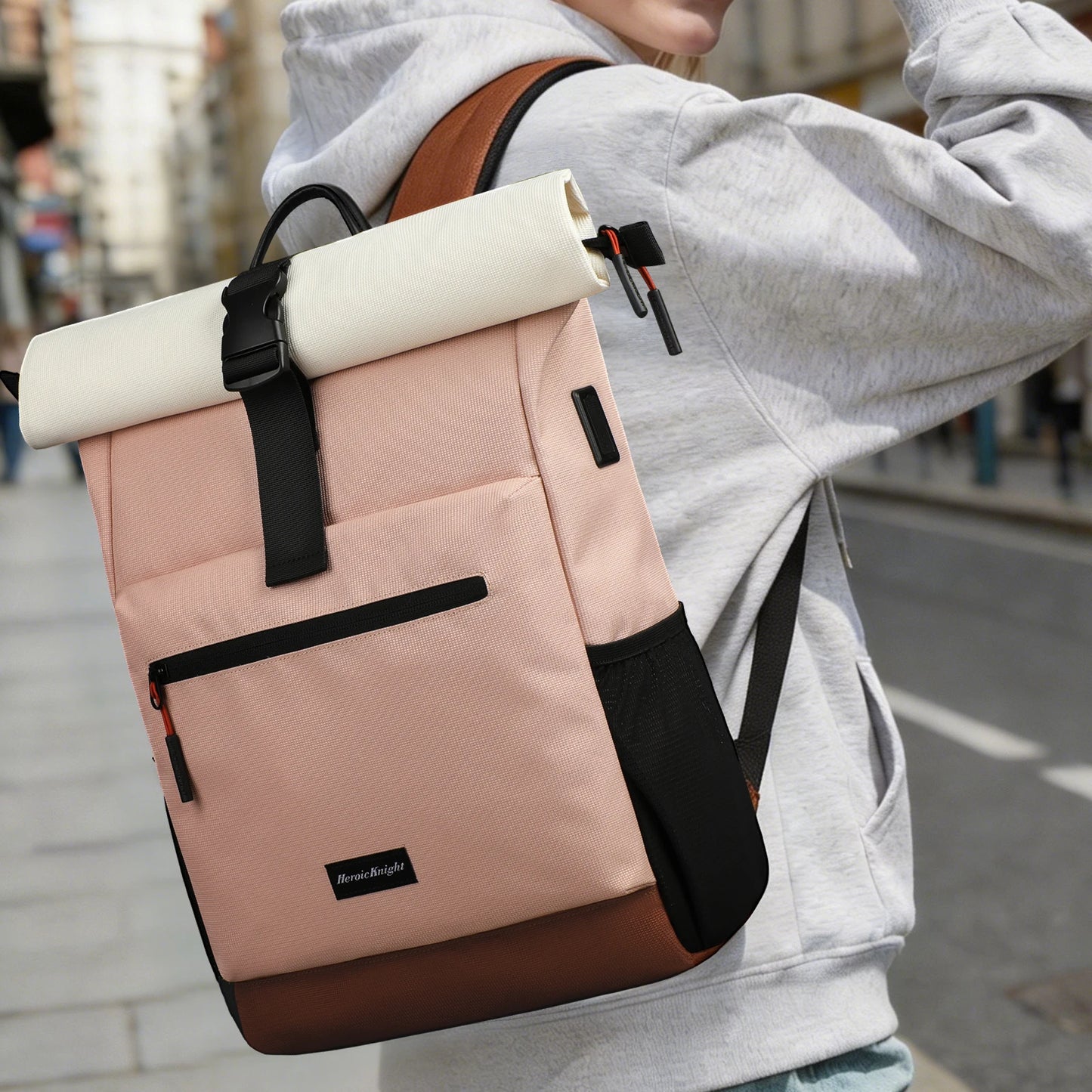 Roll-Top Laptop Backpack for Women, Waterproof Travel Bag with USB Port