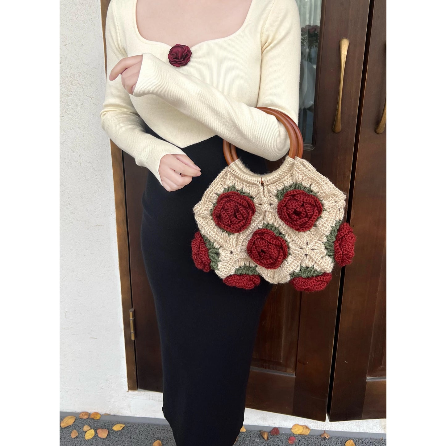 Original Design Women Shoulder Bag Yarn Crochet Handmade Flower Casual Tote Lady Shopping Handbag