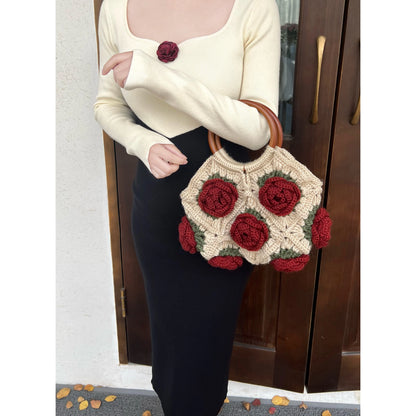Original Design Women Shoulder Bag Yarn Crochet Handmade Flower Casual Tote Lady Shopping Handbag