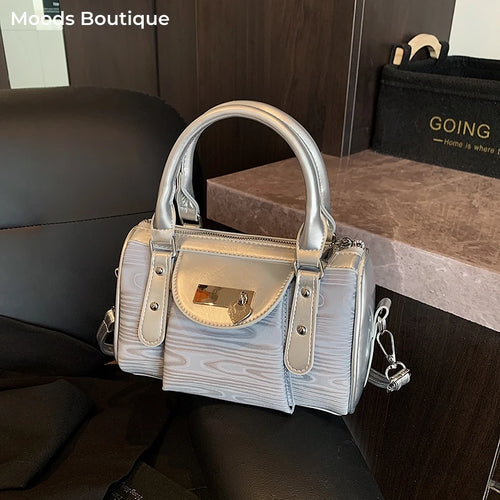 Moods Luxury Silver Trim Wave Texture Boston Bag Lady Mini Top Handle Handbag Detachable Strap