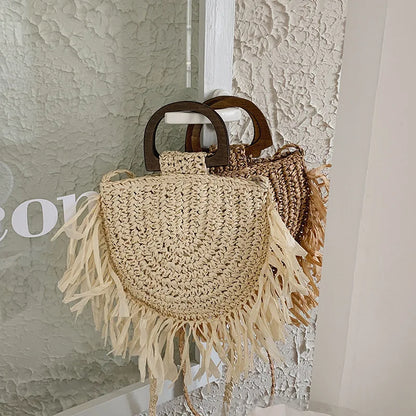 Tassel Straw Crossbody Bag for Women – Handwoven Semicircle Beach Handbag