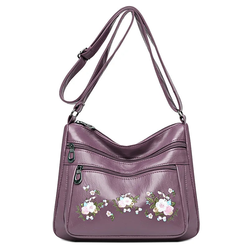 Flower Embroidery Crossbody Bag for Women – Luxury Multi-Pocket PU Leather Handbag