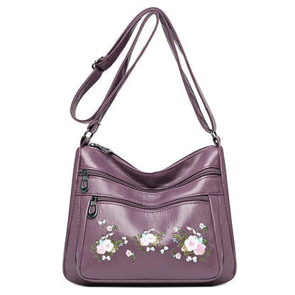 Flower Embroidery Crossbody Bag for Women – Luxury Multi-Pocket PU Leather Handbag