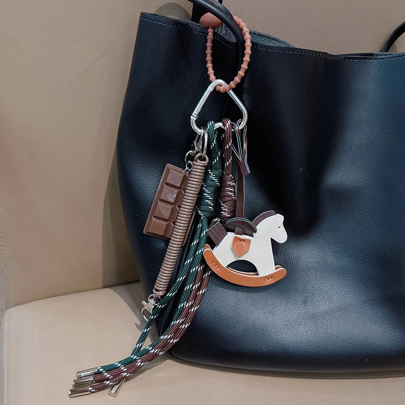 Leather Horse Pendant Keychain with Braided Rope Bag Charm