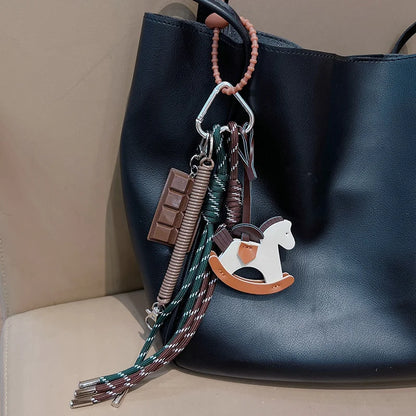 Leather Horse Pendant Keychain with Braided Rope Bag Charm