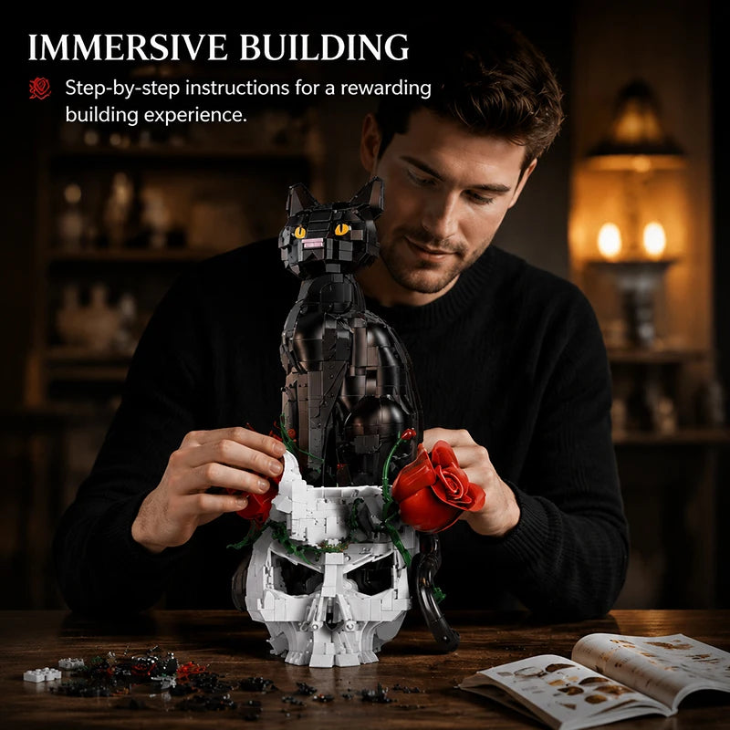 Gothic Skull Cat & Roses Building Blocks Set – MOC Decor Model