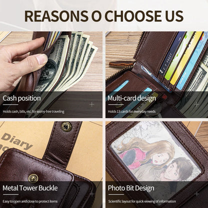 Leather Card Holder Wallet for Men, Zip-Around Cowhide Wallet