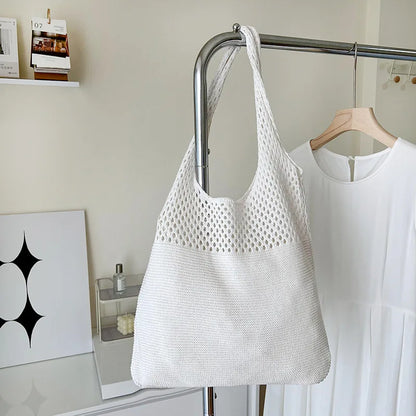 Hollow Knit Shoulder Tote Bag for Women – Large Capacity